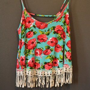 Boho Floral Tank Top / Crochet Trim / Scoop Neck and Back